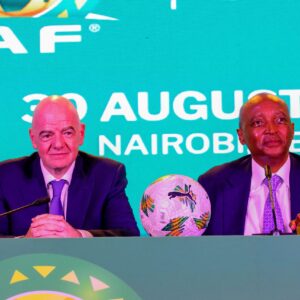 NAIROBI, KENYA - AUGUST 30: FIFA President Gianni Infantino (L) and Confederation of African Football (CAF) President Dr. Patrice Motsepe (R) address the media at the Villa Rosa Kempinski Hotel on August 30, 2025, in Nairobi, Kenya. The press conference followed a CAF Executive Committee meeting and was held ahead of the 2024 Africa Nations Championship (CHAN) final at Kasarani National Stadium. (Photo by Samwel Ogor/Tukio Images)