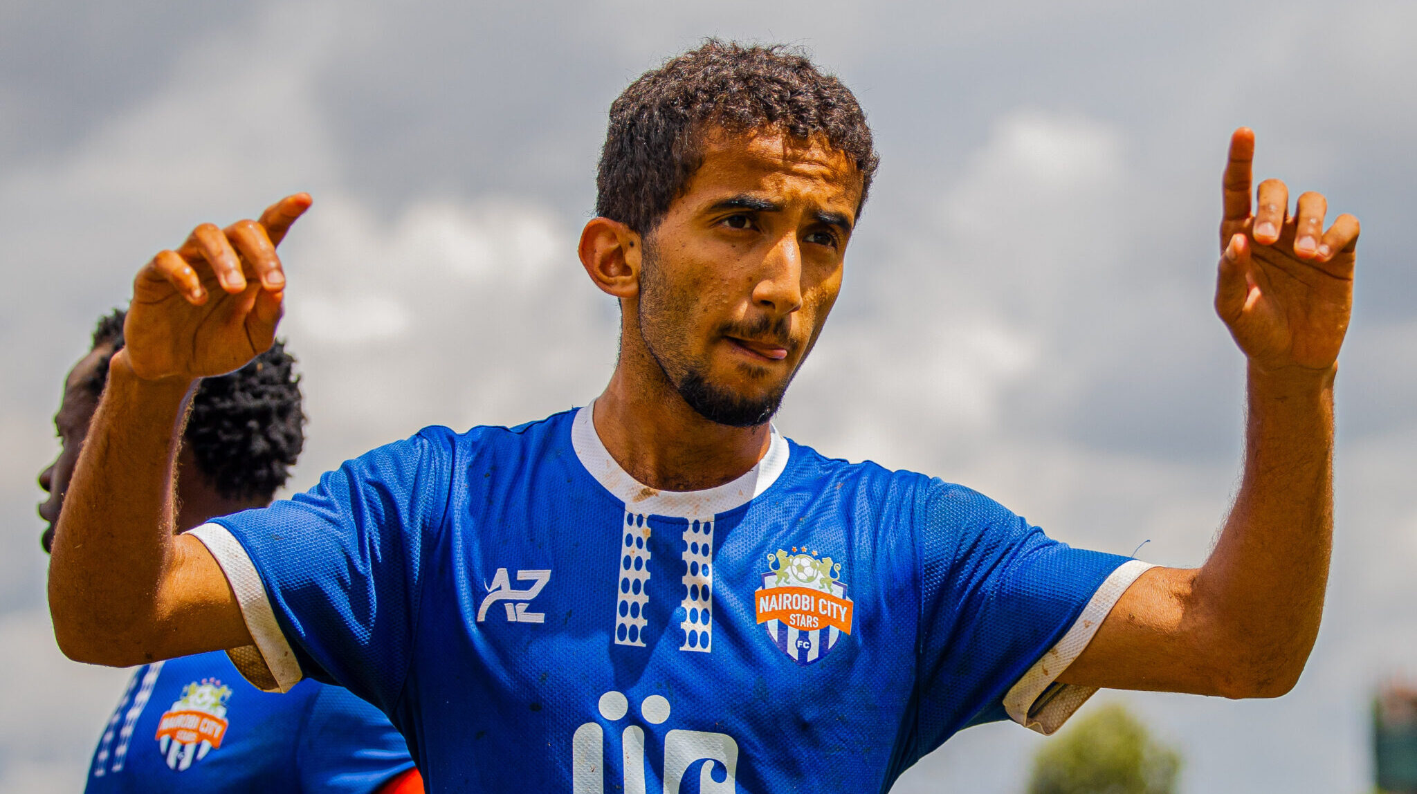 Nairobi City Star's forward #9 Mohammed Bajaber holds up his hands as he celebrates after scoring a penalty during an FKF Premier League football match against Murang'a Seal at the Police Sacco Stadium in South C on April 14, 2024. (Photo by SAMWEL OGOR / Murang'a Seal via SportPicha Limited)